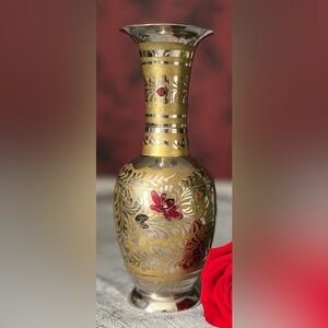Vintage Hand-Engraved Brass Vase, Silver Plated with Red Enamel, Boho Decor